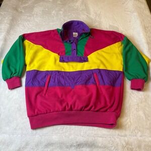 Mens 90s Colorblock Fleece Pullover Jacket Green Yellow Pink Purple L